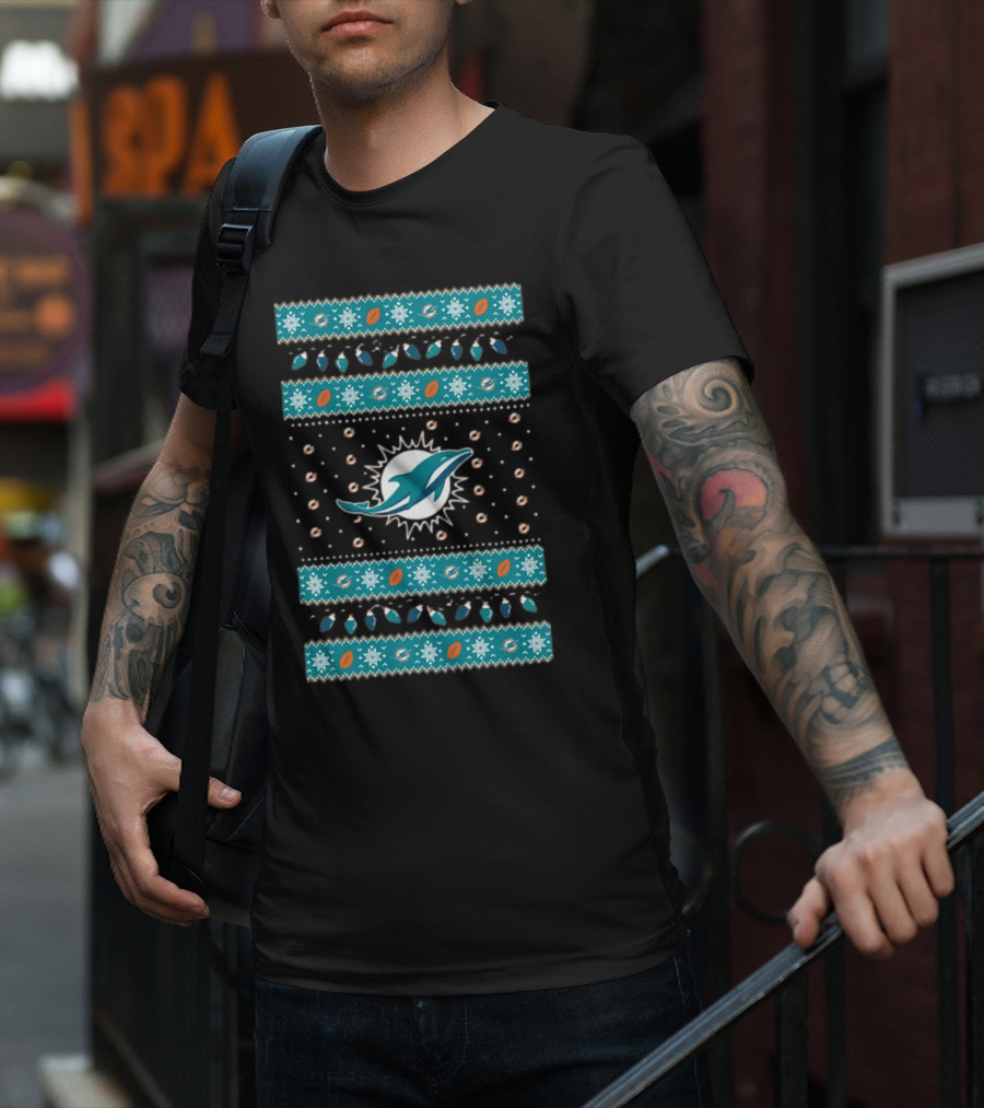 Miami Dolphins NFL Holiday Lights Ugly Sweater Christmas Football T-Shirt