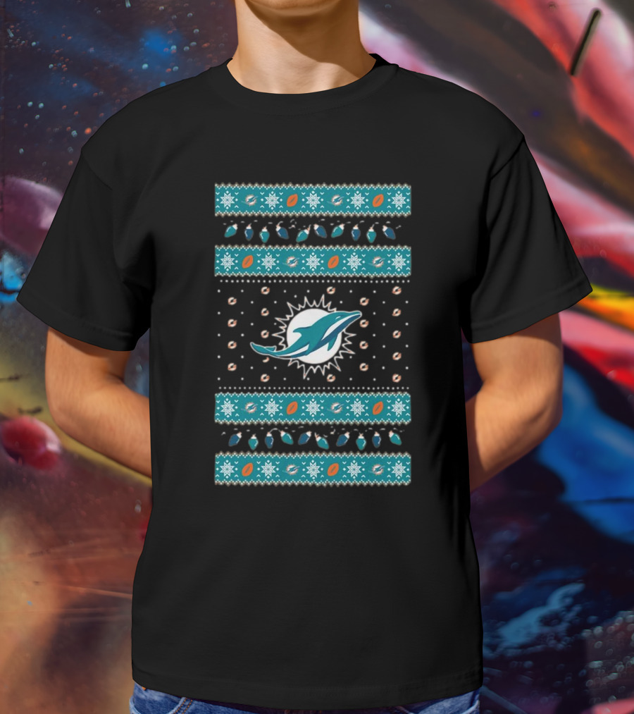 Miami Dolphins NFL Holiday Lights Ugly Sweater Christmas Football T-Shirt