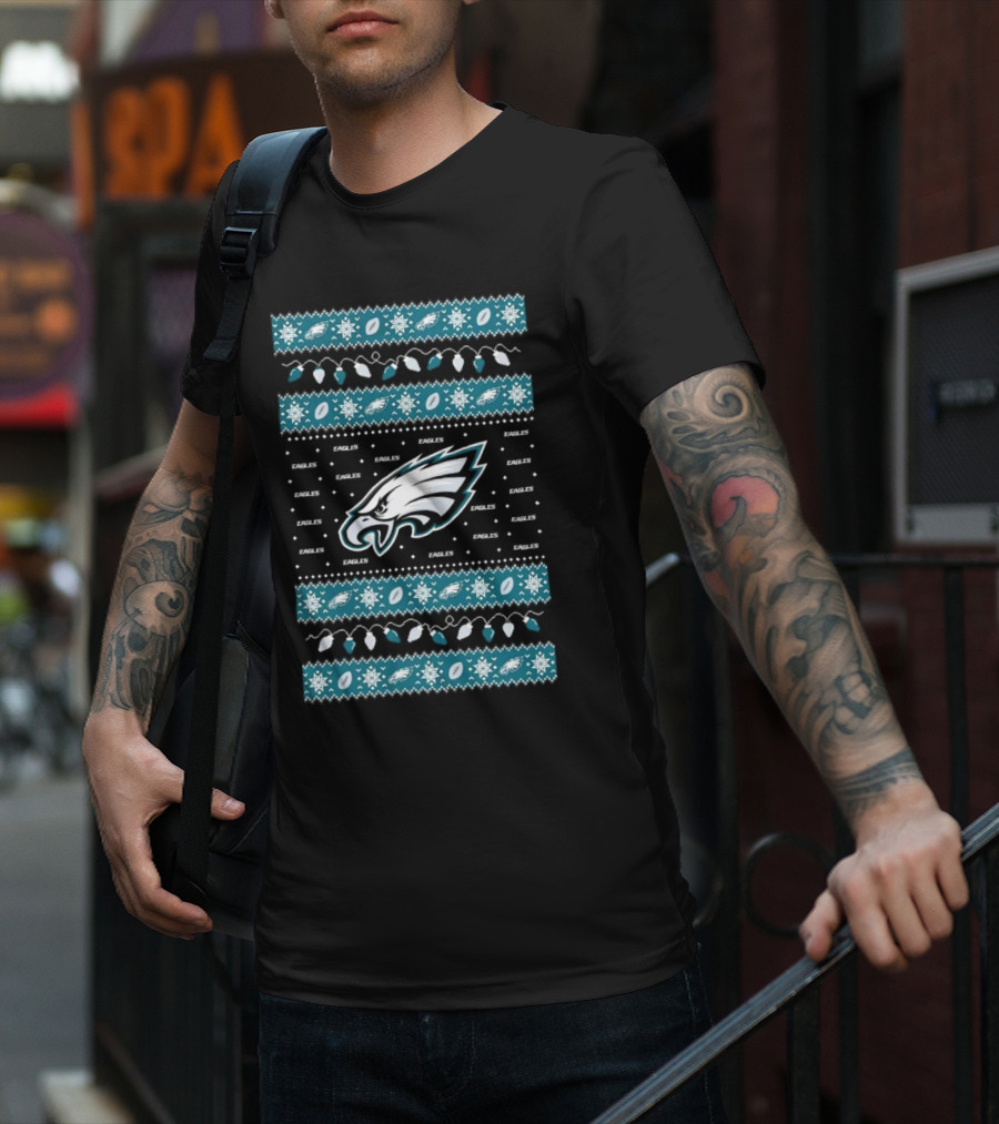 Philadelphia Eagles NFL Holiday Lights Ugly Sweater Christmas Eagles Logo Pattern T-Shirt