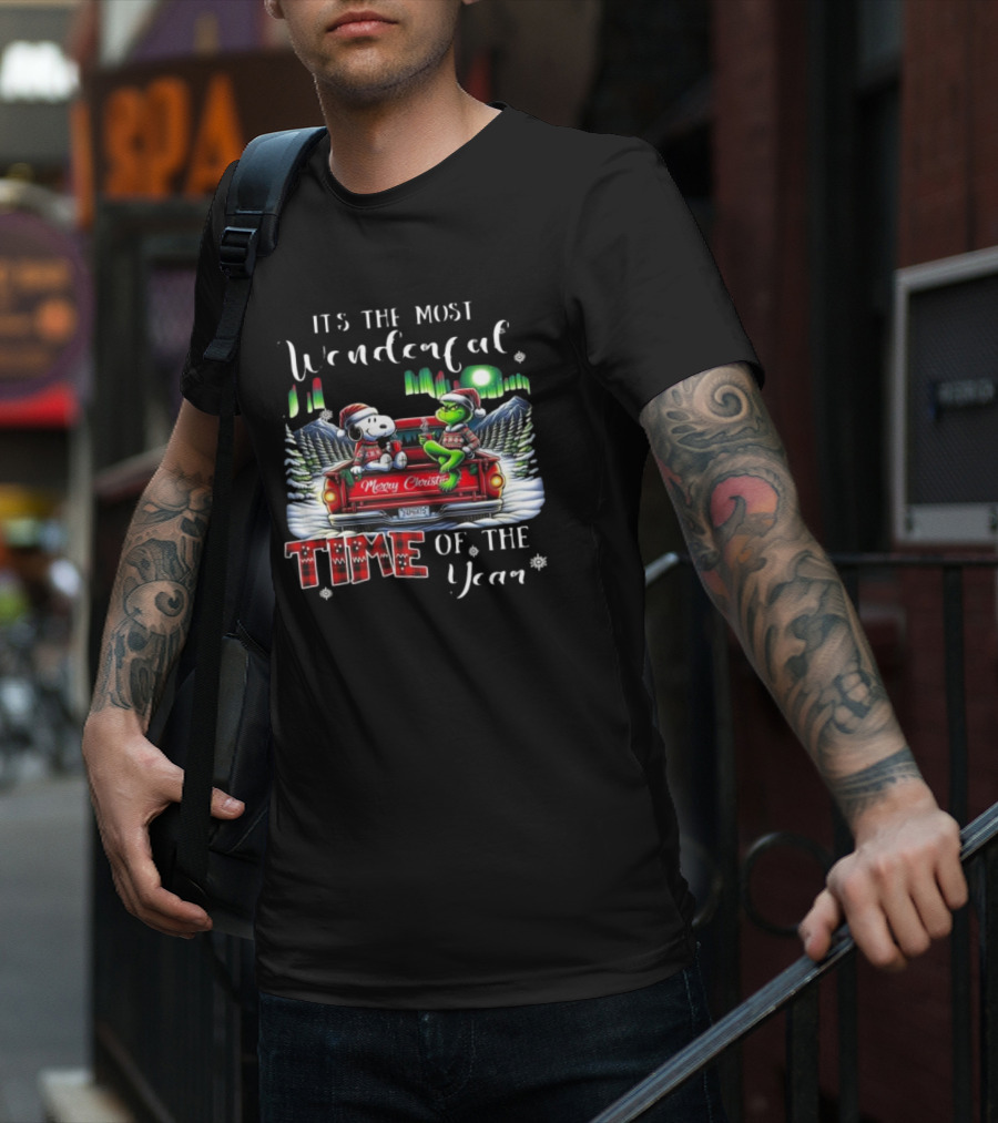 Snoopy Grinch Merry Christmas Time Of The Year Truck Scene T-Shirt