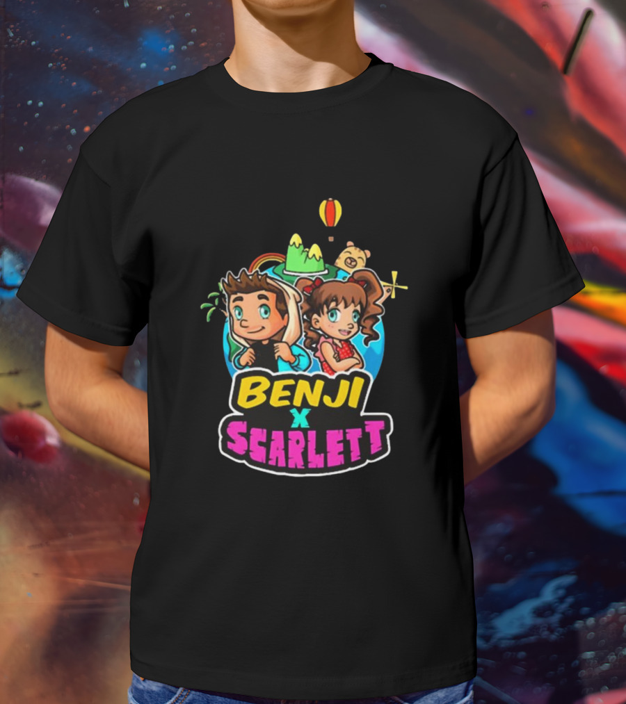 Benji X Scarlett Adventure Cartoon Style Balloon Island Teddy Bear T-Shirt