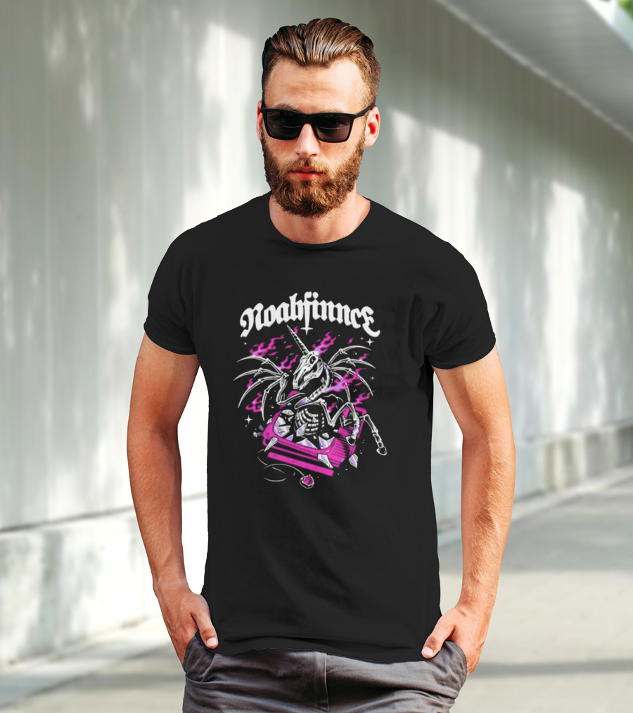 Noahfinnce Skeleton Unicorn Riding Pink Car With Wings And Flames T-Shirt