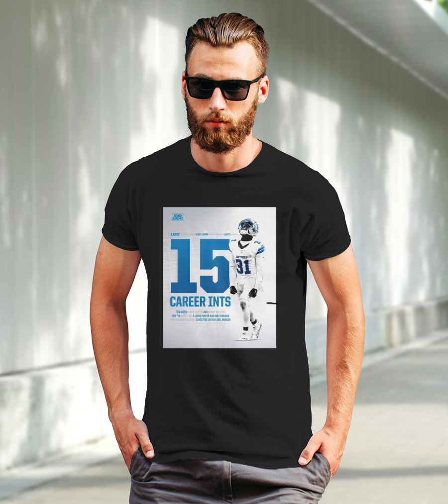 Detroit Lions Kerby Joseph 15 Career INTs Tied With James Hunter And Bobby Watkins Most INTs Since 1970 AFL-NFL Merger T-Shirt