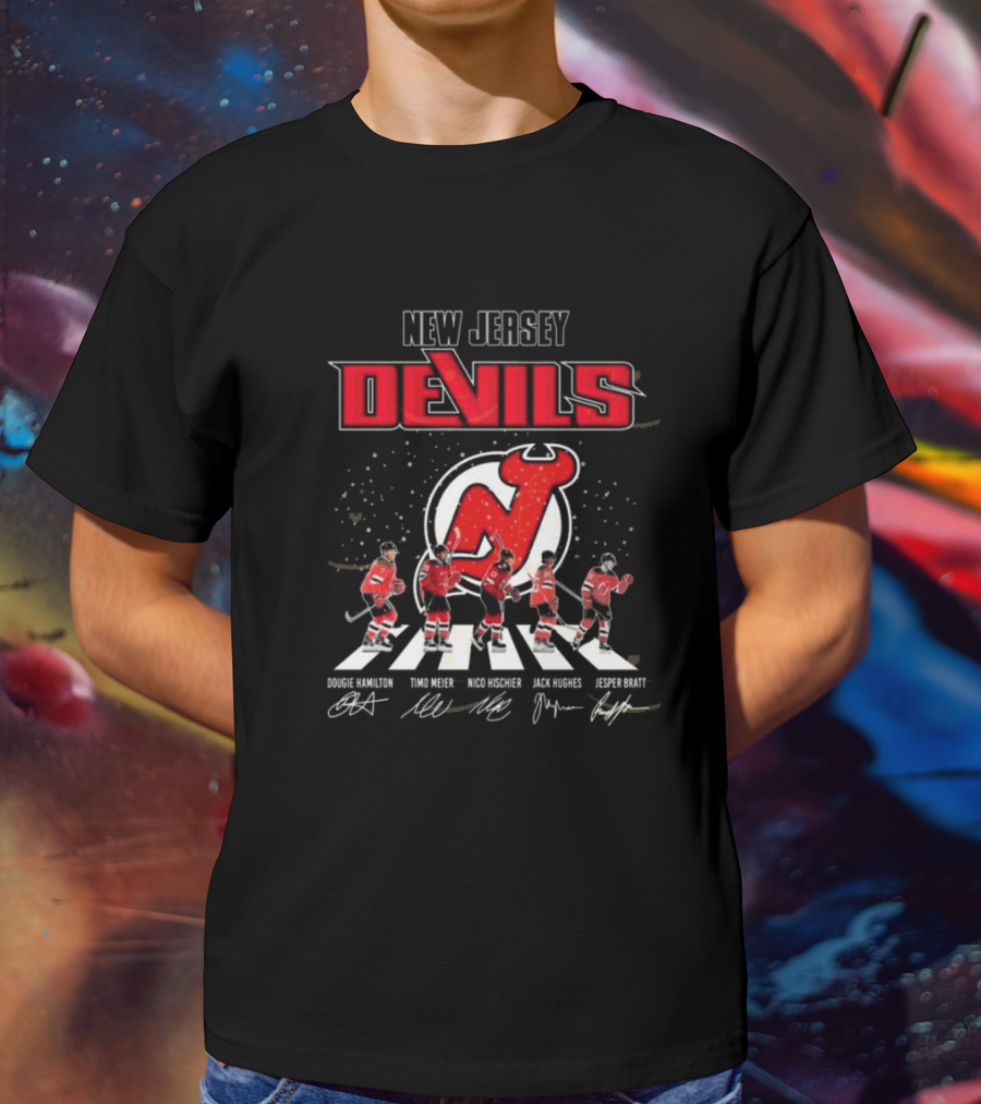 New Jersey Devils Dougie Hamilton Timo Meier Nico Hischier Jack Hughes Jesper Bratt Walking Signatures T-Shirt