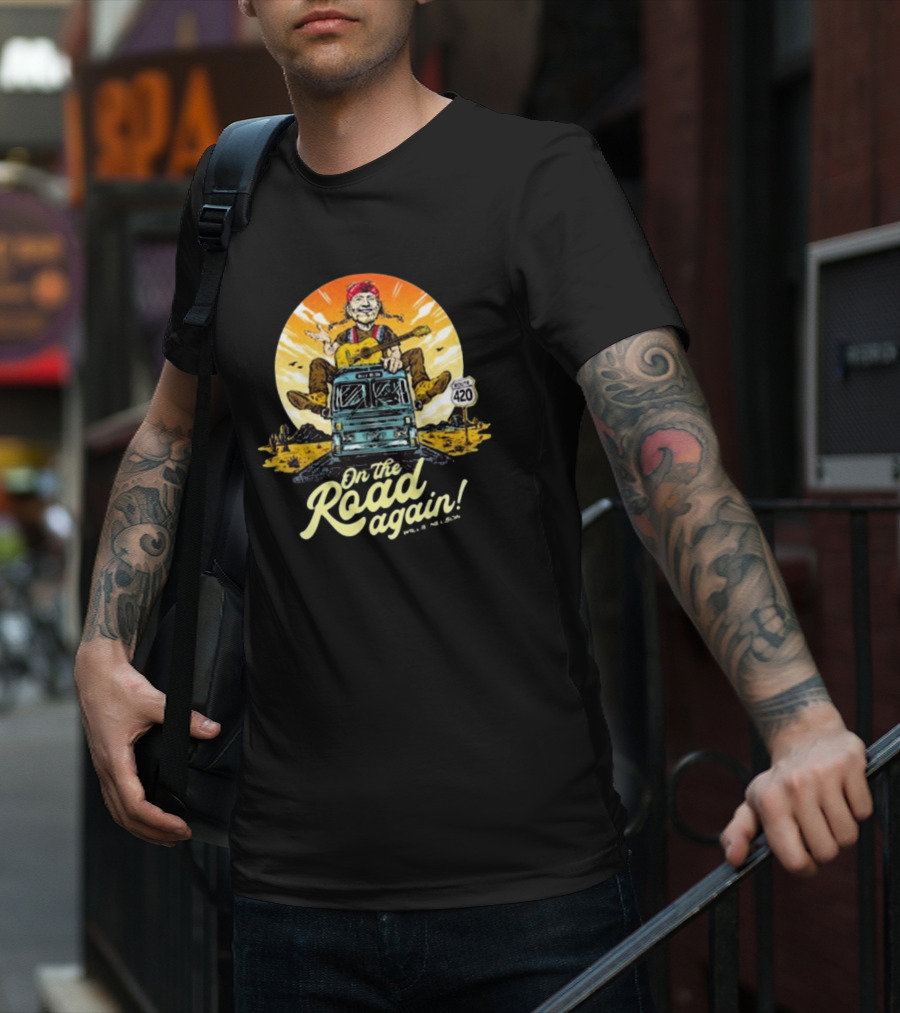 Willie Nelson On The Road Again Retro Route 420 Bus T-Shirt
