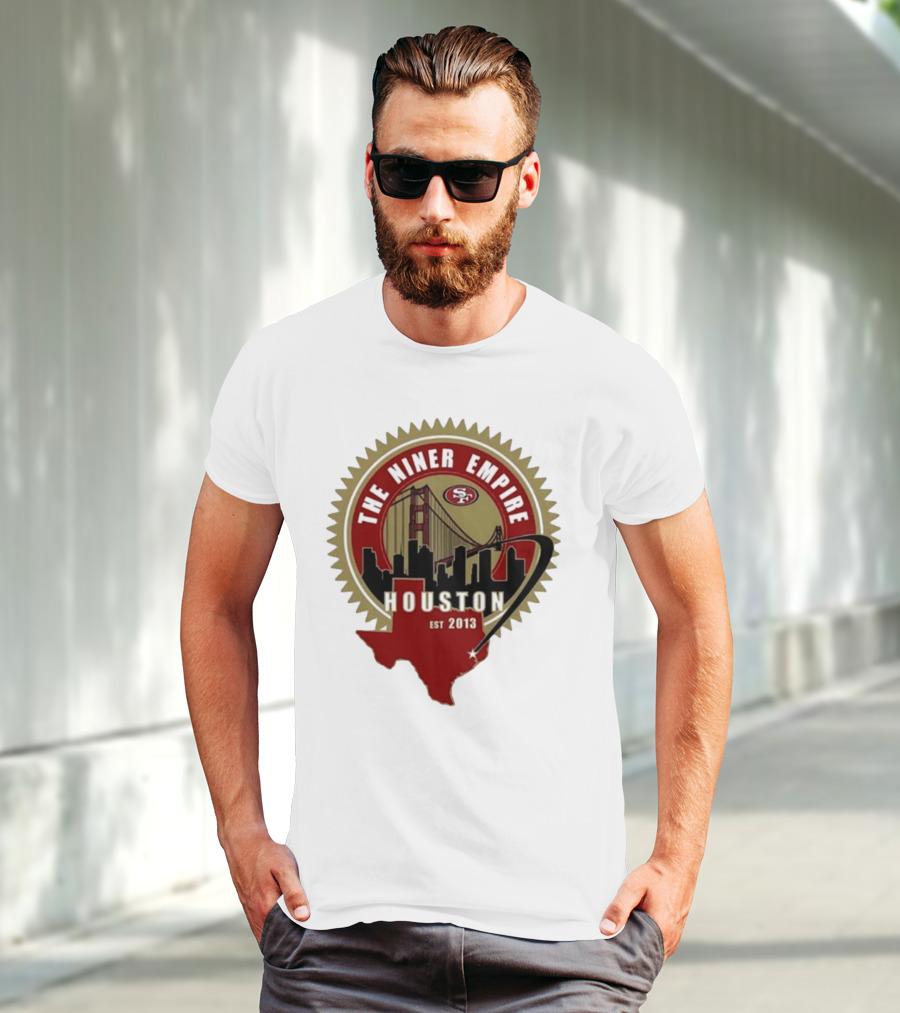 San Francisco 49ers NFL The Niner Empire Houston Est 2013 Golden Gate Bridge Skyline Badge T-Shirt