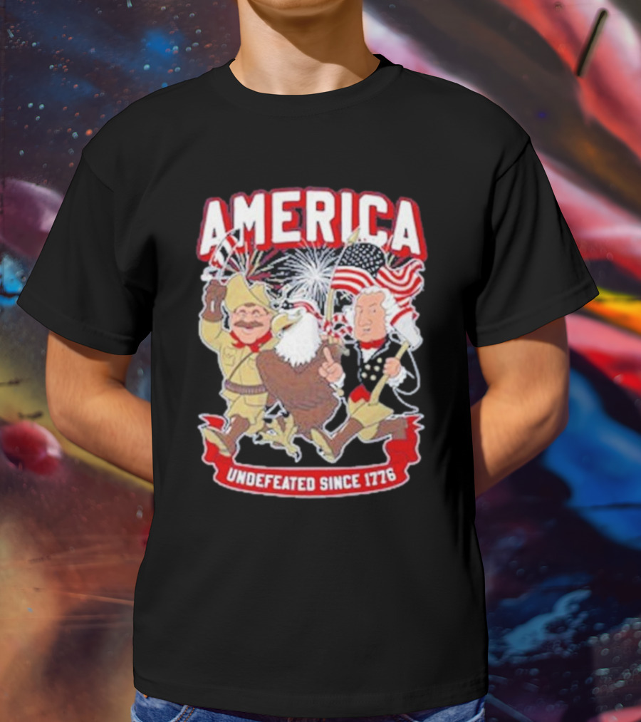 America Undefeated Since 1776 Patriotic Imagery With Eagle Fireworks Flags T-Shirt
