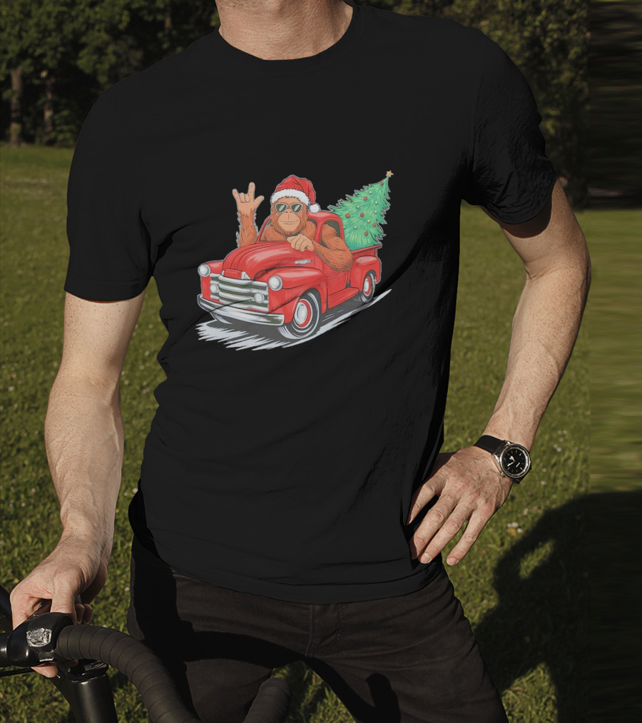 Bigfoot Rock On Santa Hat Christmas Tree Driving Red Truck T-Shirt