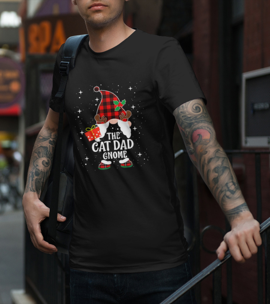 The Cat Dad Gnome Buffalo Plaid Christmas Pajama Matching Family T-Shirt