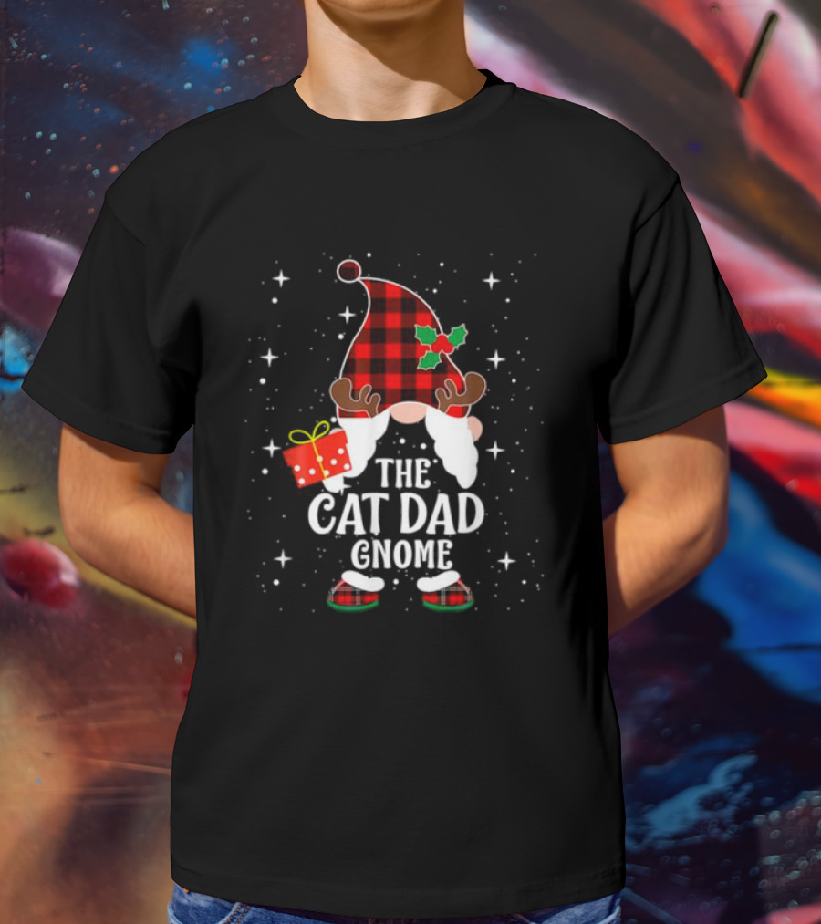 The Cat Dad Gnome Buffalo Plaid Christmas Pajama Matching Family T-Shirt