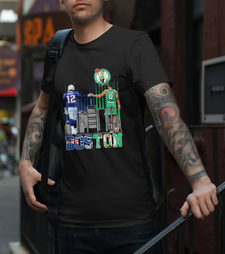 Boston Patriots And Celtics Skyline Featuring Tom Brady And Jayson Tatum Signatures T-Shirt