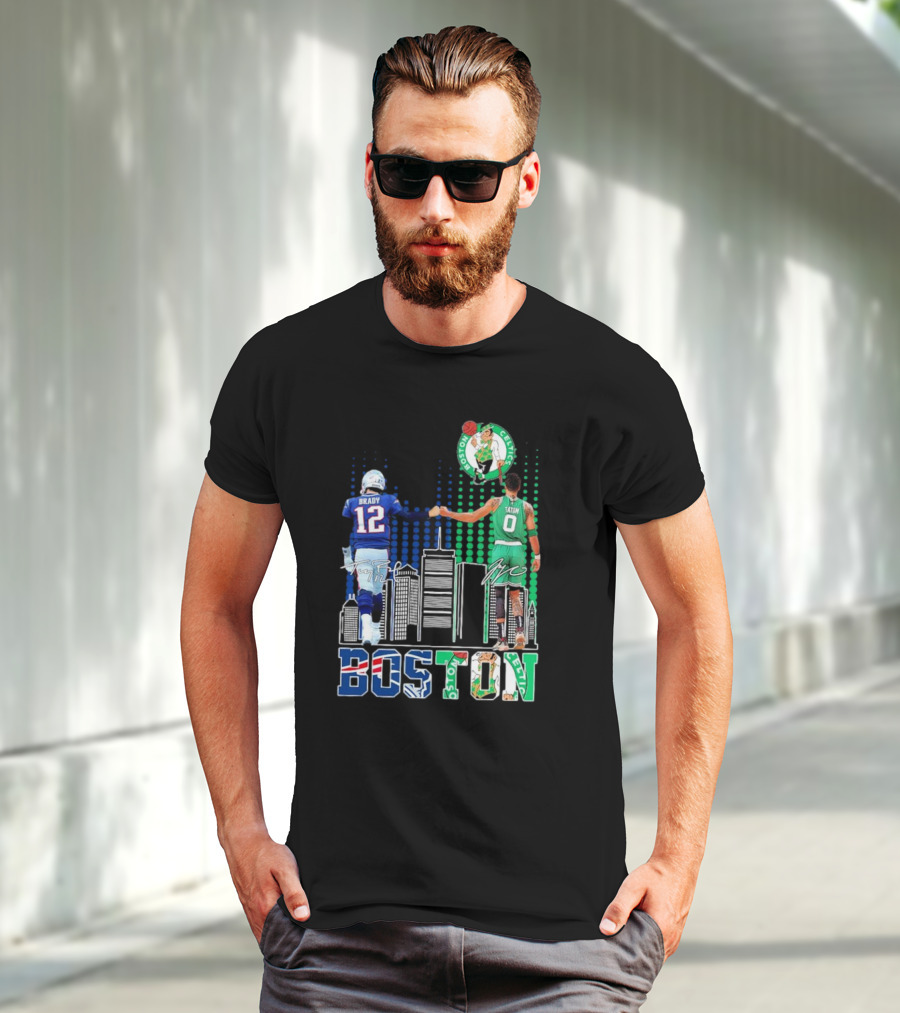 Boston Patriots And Celtics Skyline Featuring Tom Brady And Jayson Tatum Signatures T-Shirt