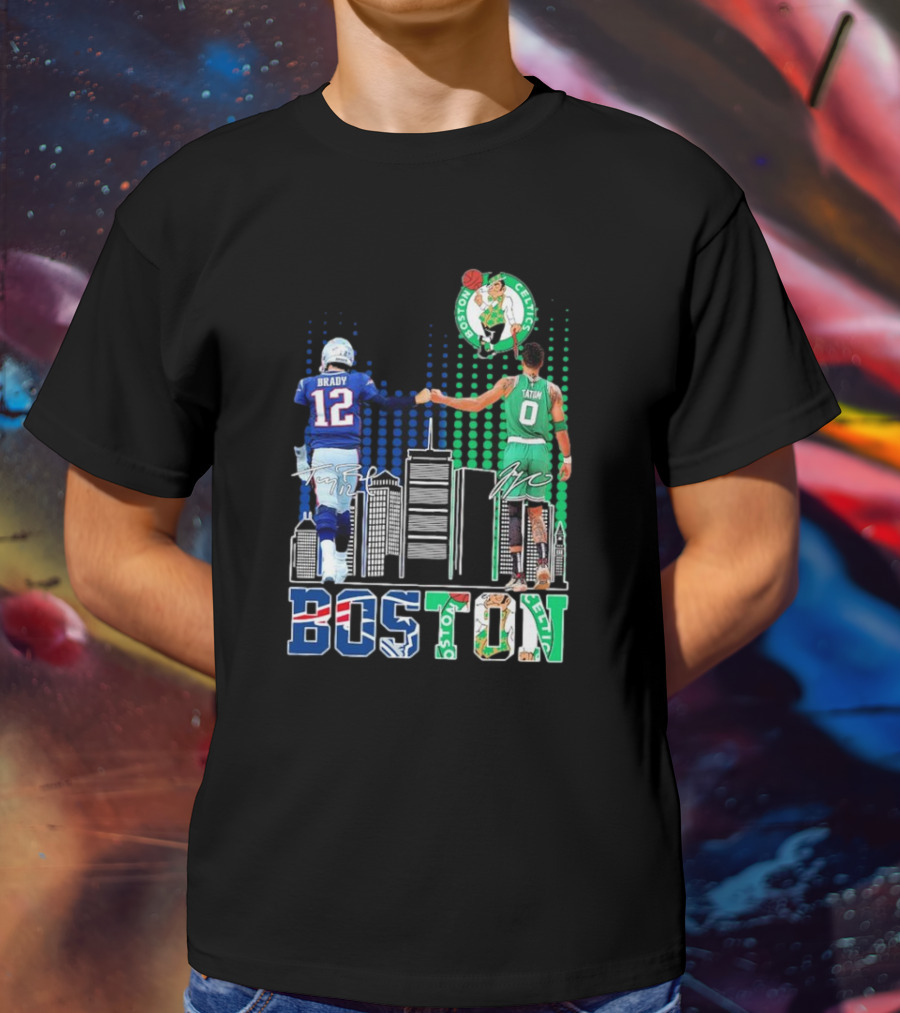 Boston Patriots And Celtics Skyline Featuring Tom Brady And Jayson Tatum Signatures T-Shirt