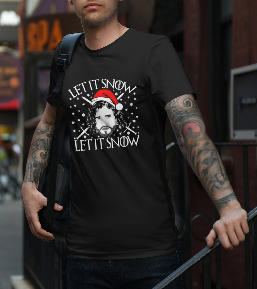 Let It Snow Let It Snow Christmas Jon Snow Santa Hat Snowflakes Swords T-Shirt