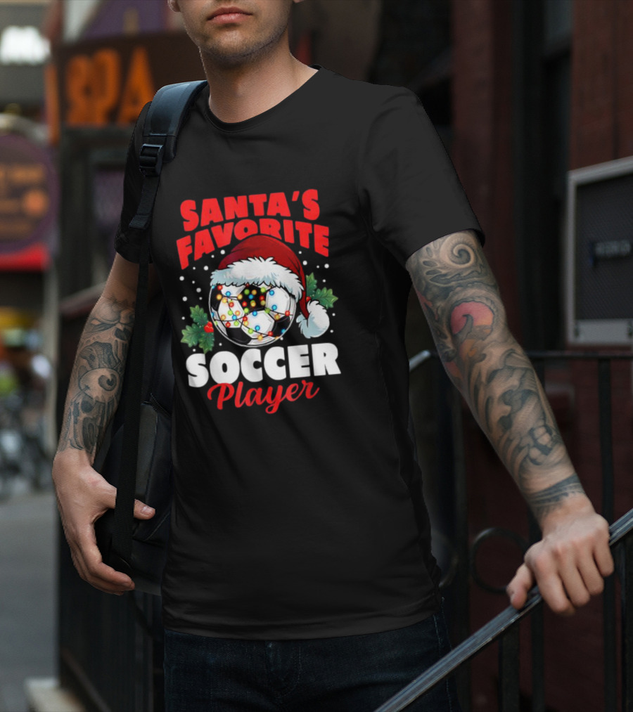 Santa's Favorite Soccer Player Christmas Pajama Xmas Soccer Ball And Santa Hat T-Shirt