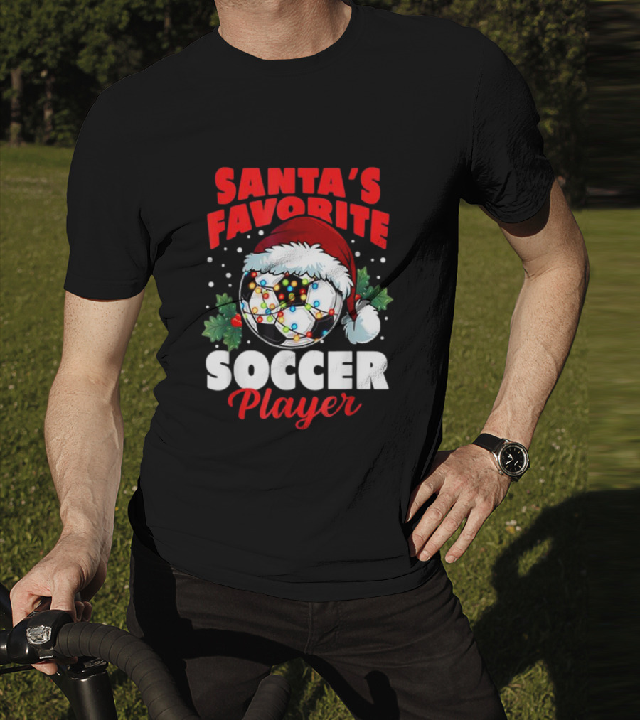 Santa's Favorite Soccer Player Christmas Pajama Xmas Soccer Ball And Santa Hat T-Shirt