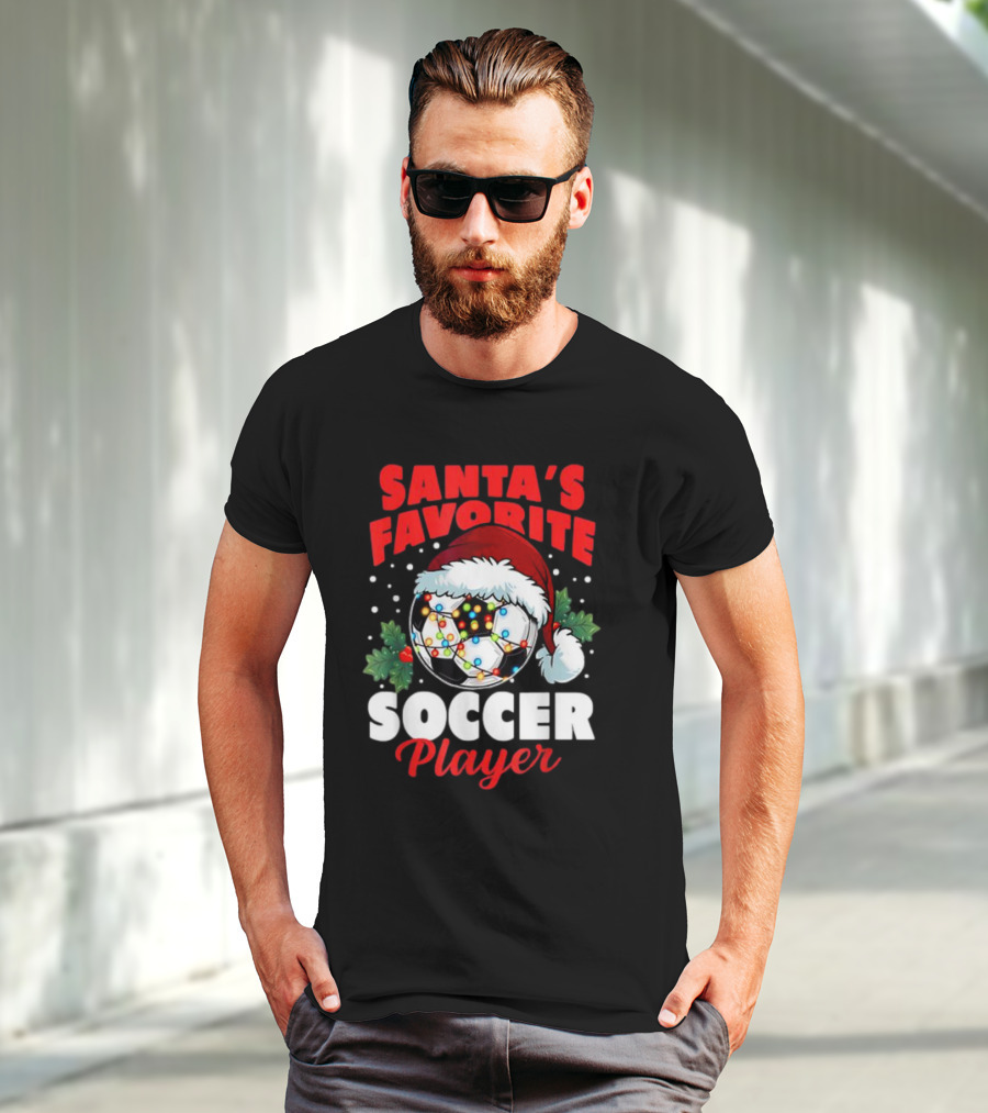 Santa's Favorite Soccer Player Christmas Pajama Xmas Soccer Ball And Santa Hat T-Shirt