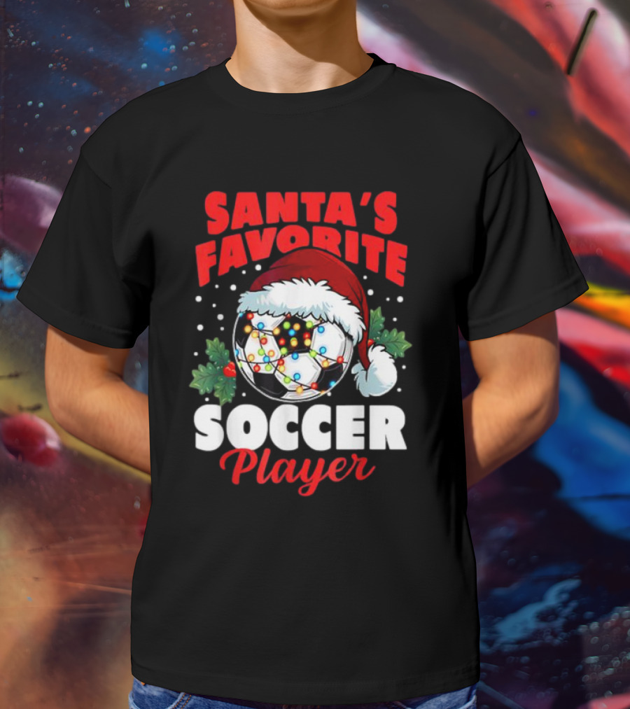 Santa's Favorite Soccer Player Christmas Pajama Xmas Soccer Ball And Santa Hat T-Shirt