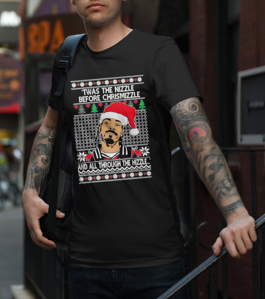 Snoop Dogg Twas The Nizzle Before Chrismizzle Santa Hat Pattern Christmas T-Shirt