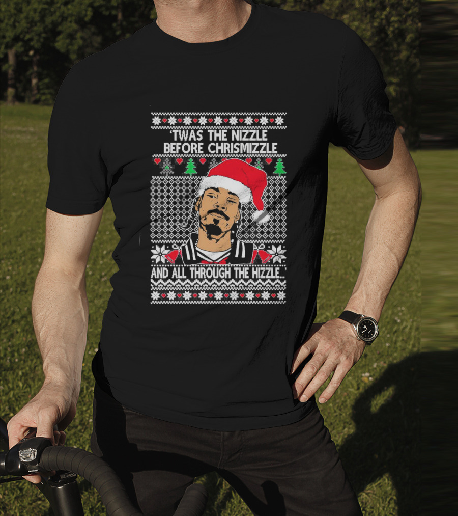 Snoop Dogg Twas The Nizzle Before Chrismizzle Santa Hat Pattern Christmas T-Shirt