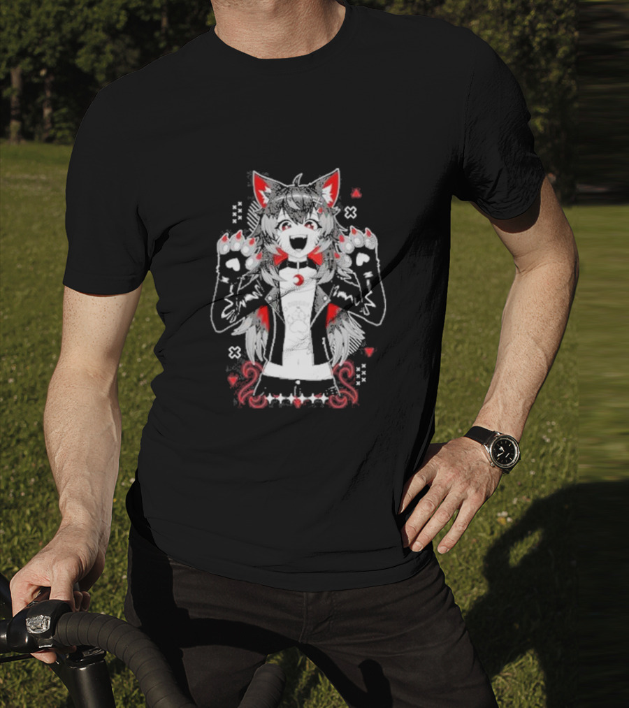 Kiba Nanobites Paws Up Anime Wolf Character With Red And White Details T-Shirt
