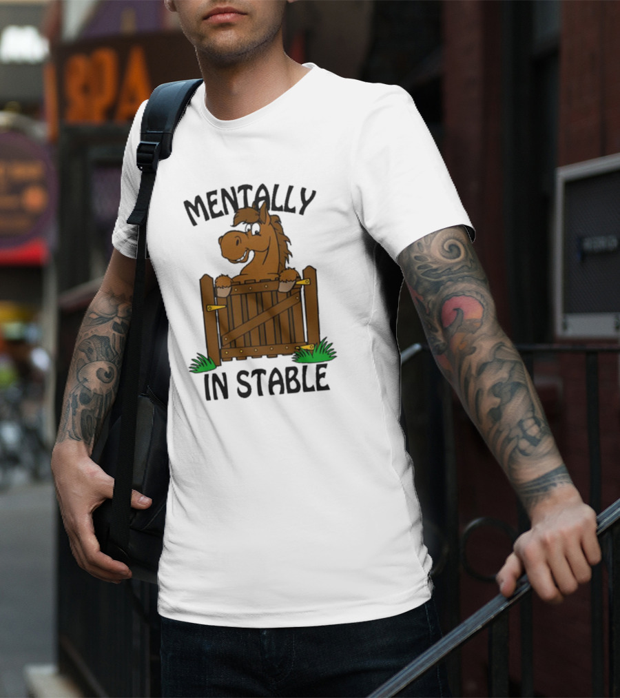 Mentally In Stable Cartoon Horse Gate Humorous T-Shirt
