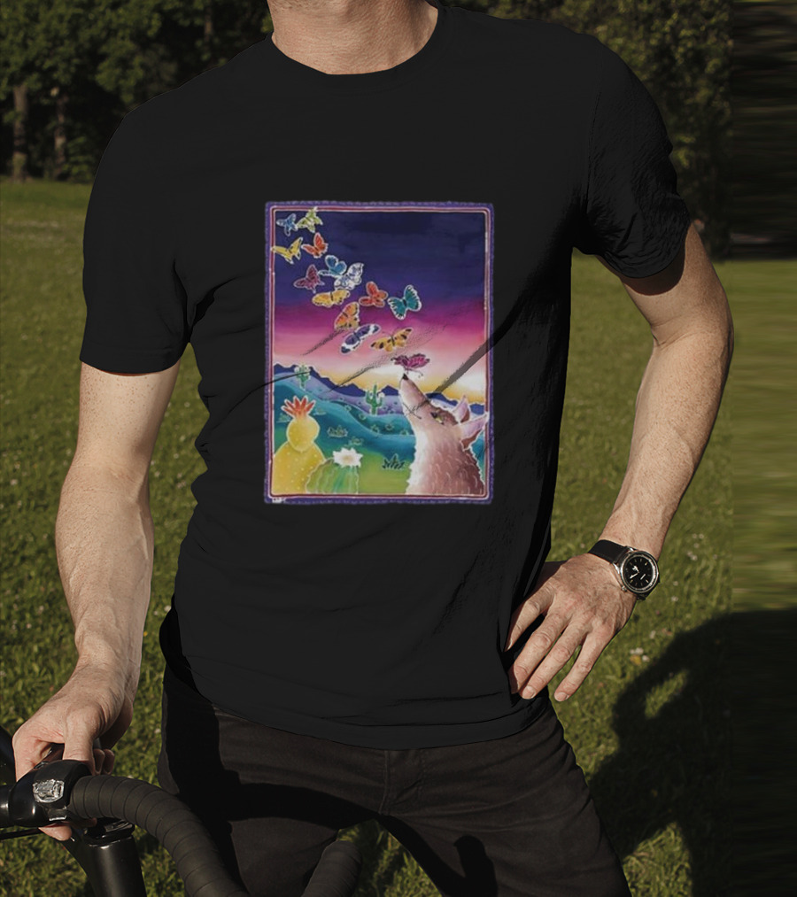 Jimmorris Smiles At Nature’s Wonders Colorful Desert Landscape With Coyote And Butterflies T-Shirt