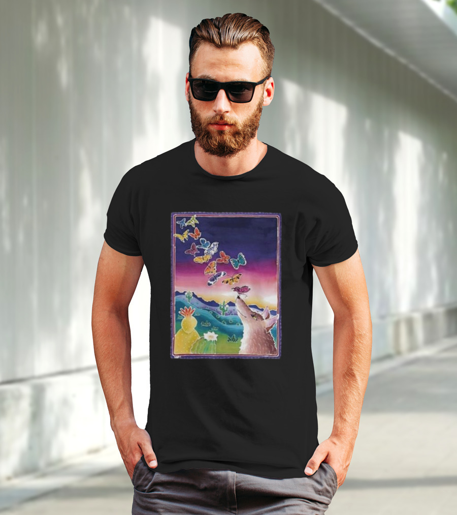 Jimmorris Smiles At Nature’s Wonders Colorful Desert Landscape With Coyote And Butterflies T-Shirt