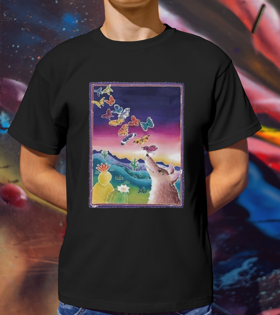 Jimmorris Smiles At Nature’s Wonders Colorful Desert Landscape With Coyote And Butterflies T-Shirt