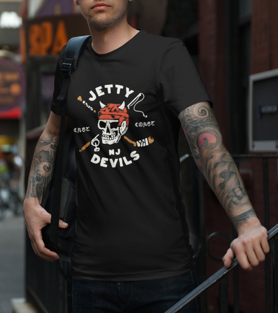 Jetty NJ Devils East Coast Skulls And Hockey Sticks T-Shirt