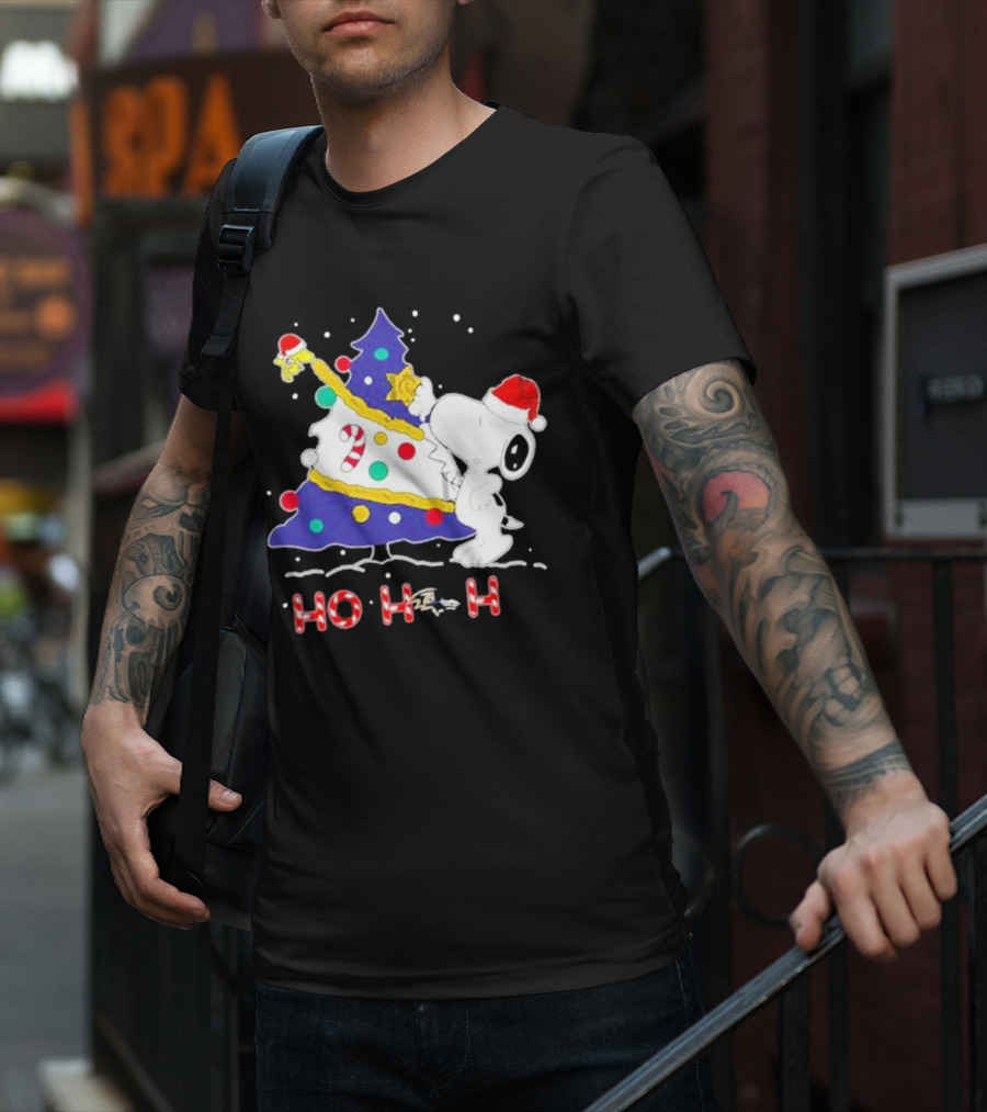 Ho Ho Ho Snoopy Woodstock Christmas Tree Baltimore Ravens T-Shirt