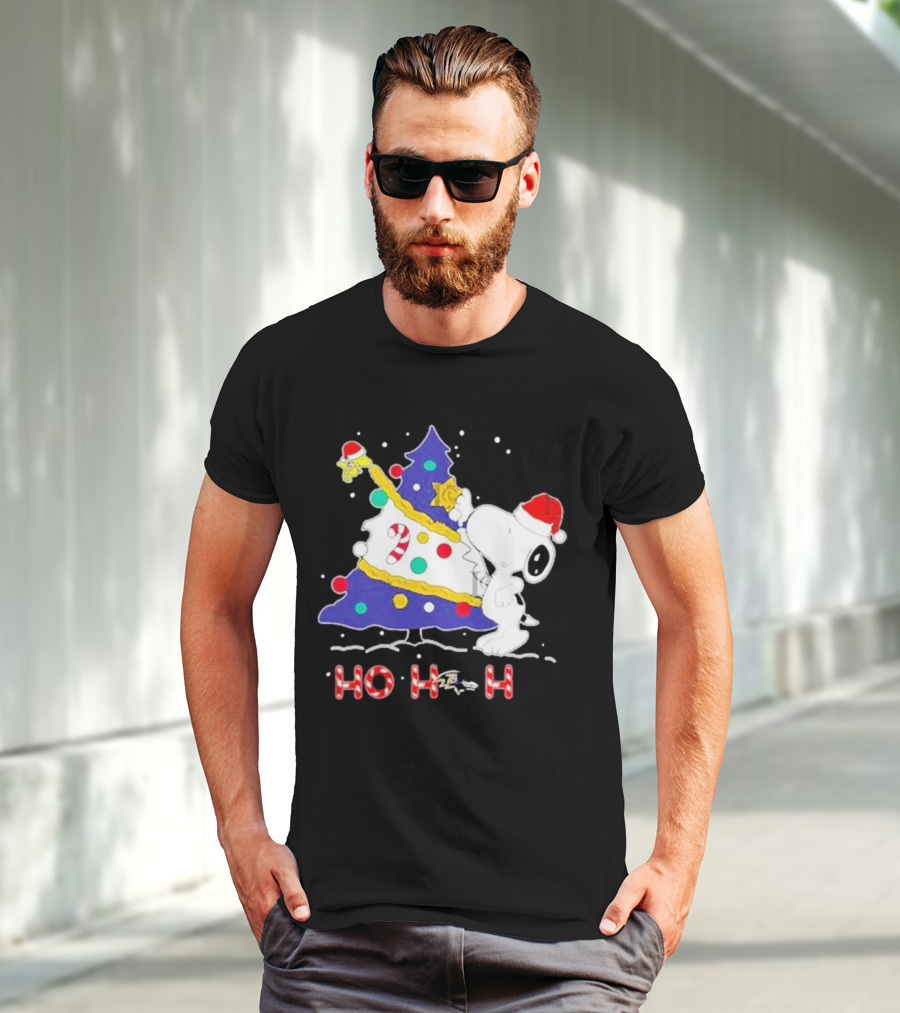 Ho Ho Ho Snoopy Woodstock Christmas Tree Baltimore Ravens T-Shirt