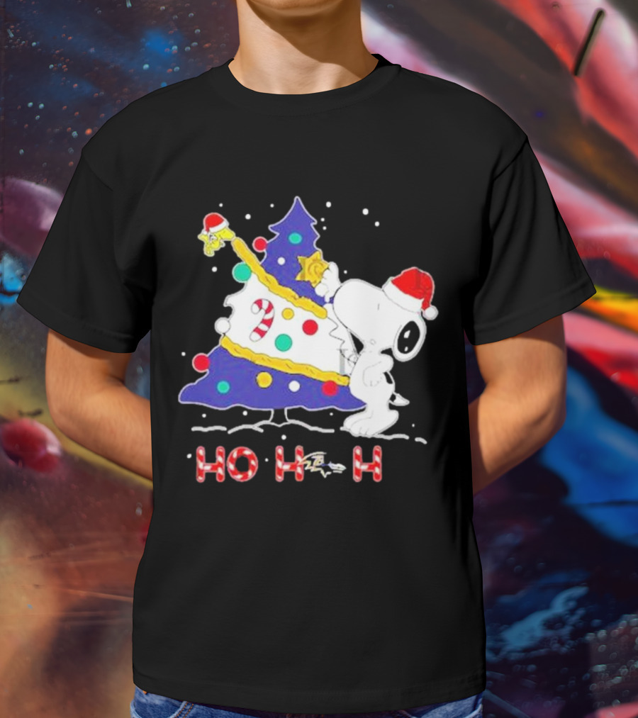 Ho Ho Ho Snoopy Woodstock Christmas Tree Baltimore Ravens T-Shirt
