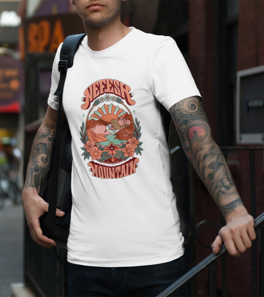 Nefesh Mountain Sunrise Scene With Cabin And Flowers T-Shirt