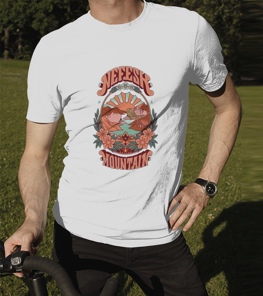 Nefesh Mountain Sunrise Scene With Cabin And Flowers T-Shirt