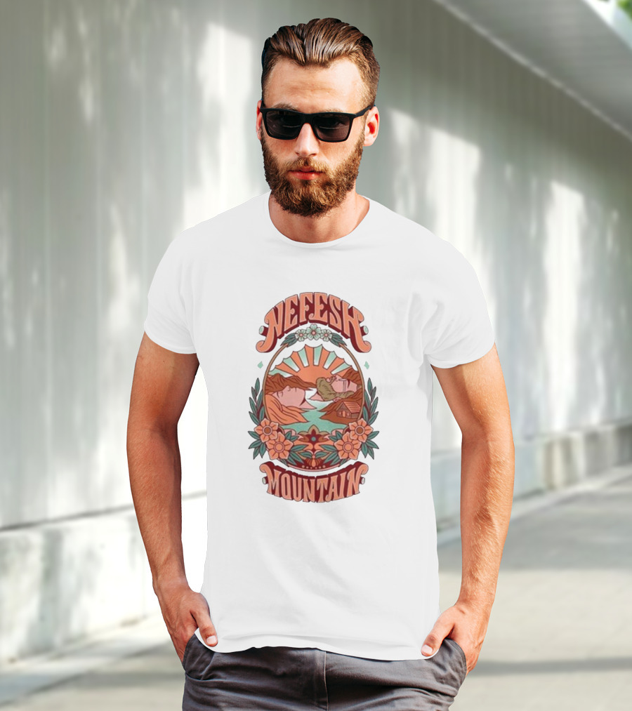 Nefesh Mountain Sunrise Scene With Cabin And Flowers T-Shirt