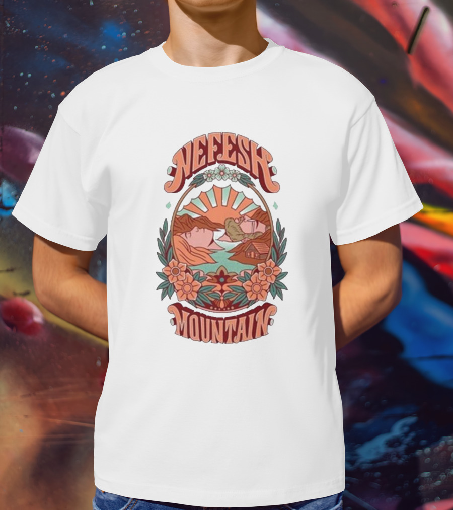Nefesh Mountain Sunrise Scene With Cabin And Flowers T-Shirt