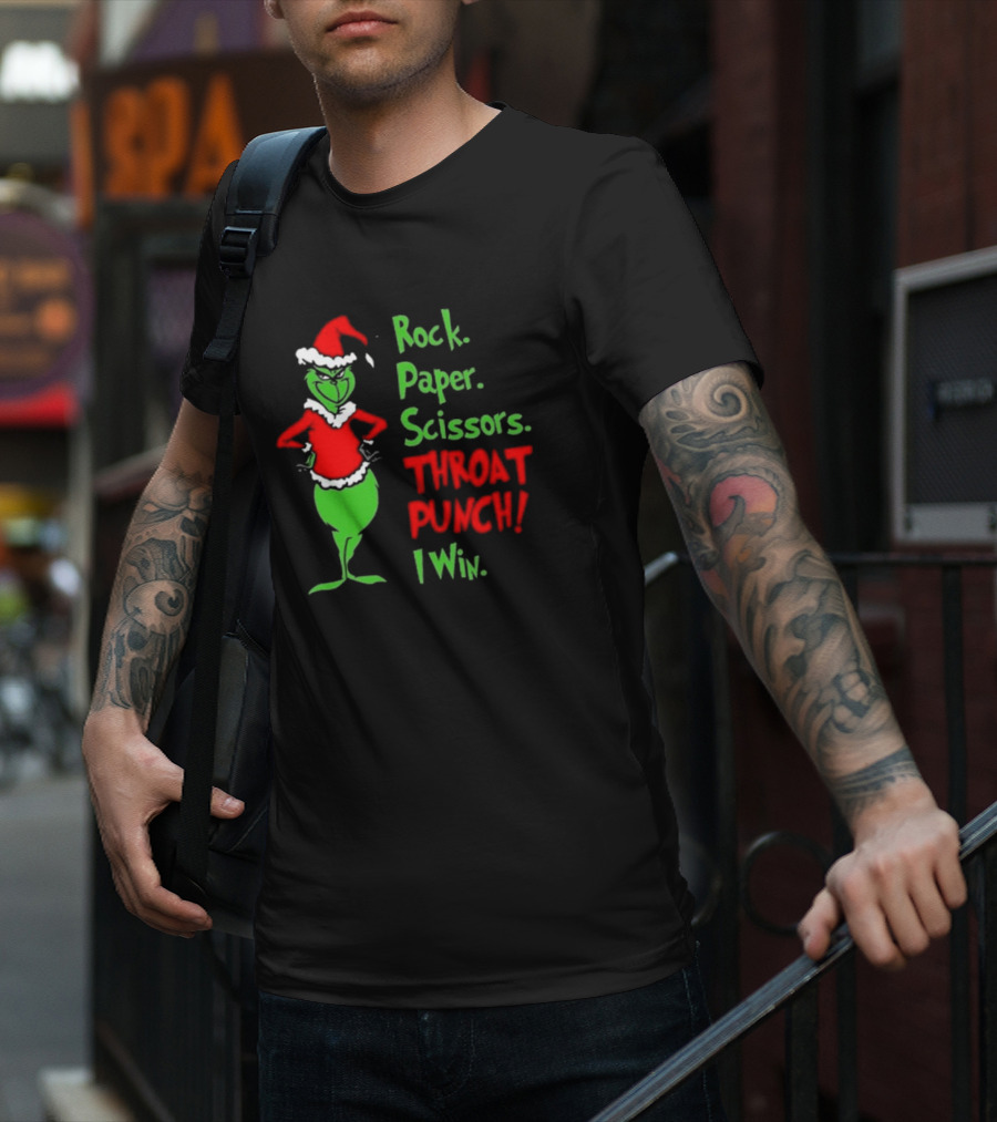Grinch Rock Paper Scissors Throat Punch I Win Merry Christmas T-Shirt