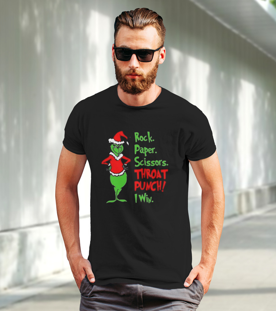 Grinch Rock Paper Scissors Throat Punch I Win Merry Christmas T-Shirt