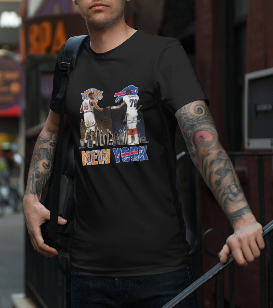 New York Knicks Buffalo Bills Cityscape Collaboration With Ewing And Smith Signatures T-Shirt