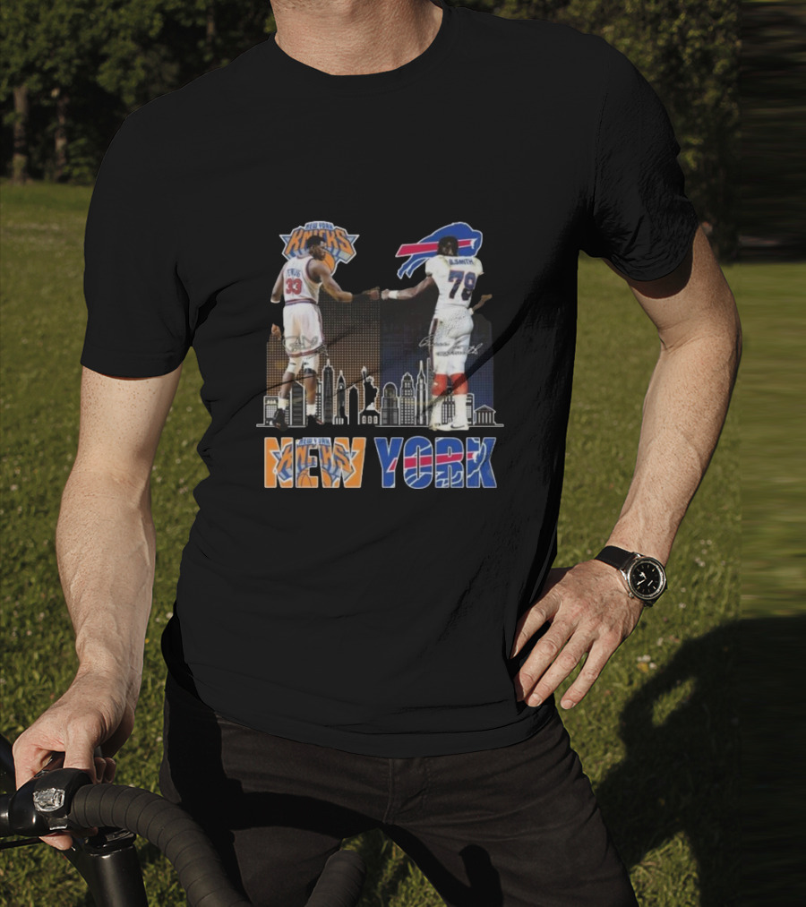 New York Knicks Buffalo Bills Cityscape Collaboration With Ewing And Smith Signatures T-Shirt