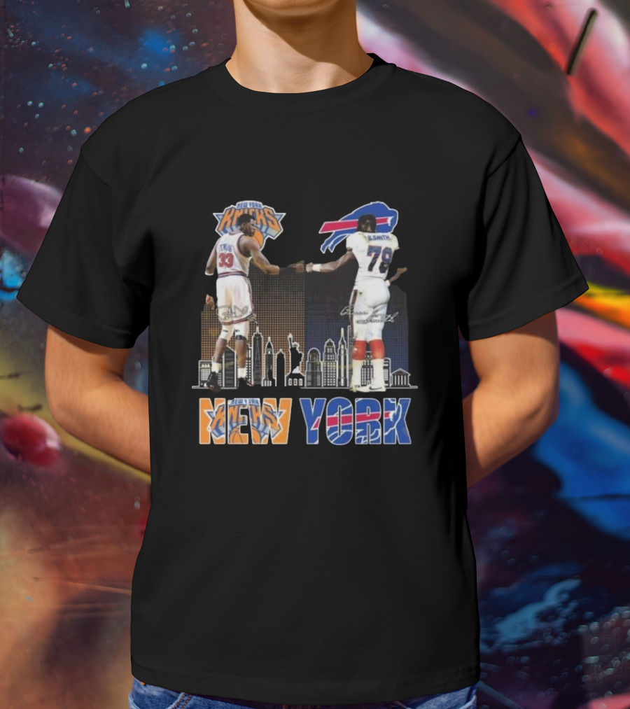 New York Knicks Buffalo Bills Cityscape Collaboration With Ewing And Smith Signatures T-Shirt