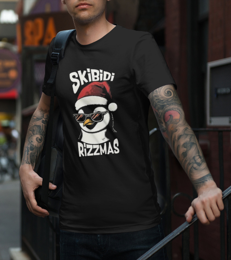 Skibidi Rizzmas Christmas Penguin With Santa Hat And Sunglasses T-Shirt