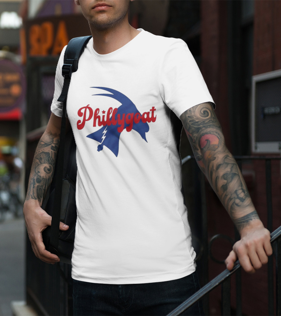 Phillygoat Red Script With Blue Goat And Lightning Bolt Elements T-Shirt