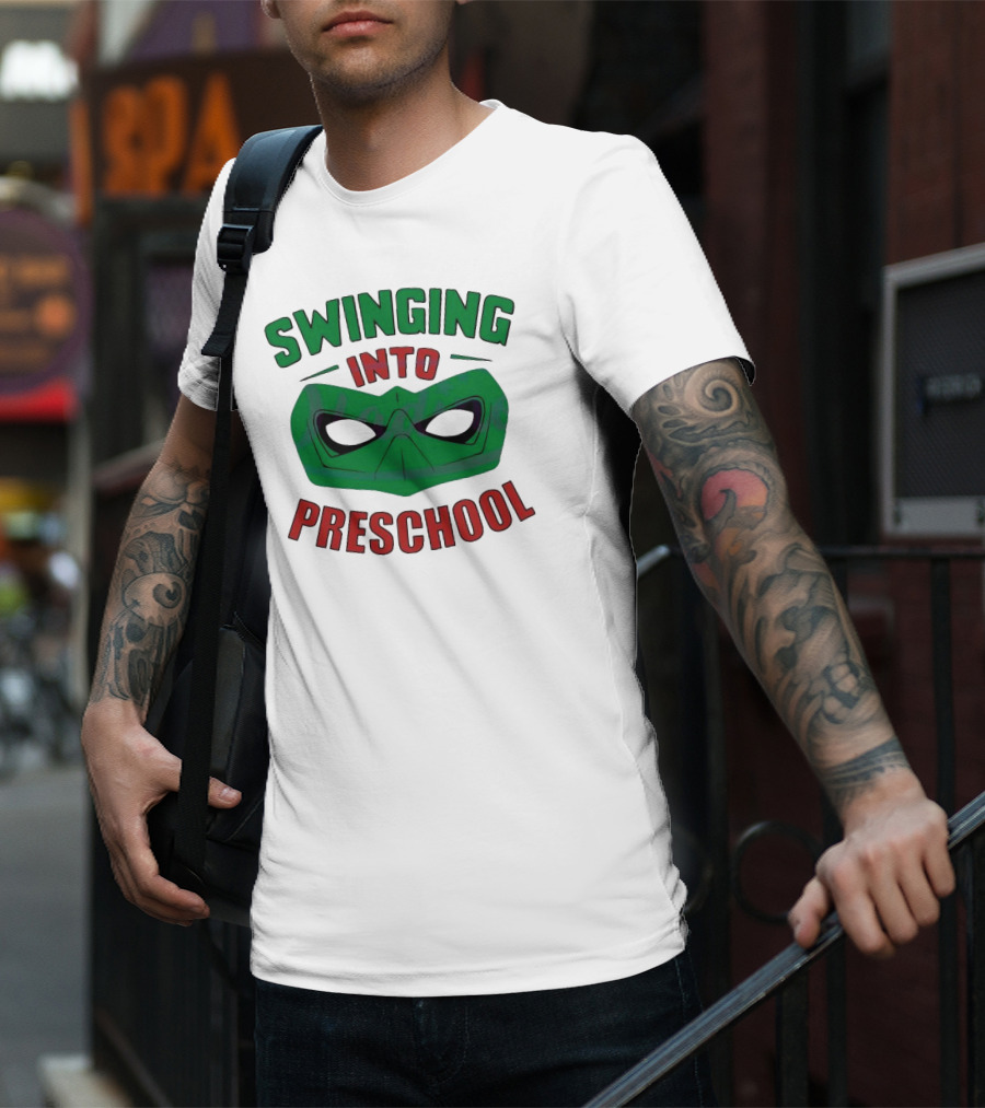 Swinging Into Preschool Green Superhero Mask T-Shirt