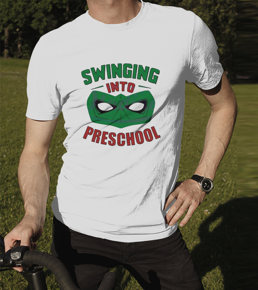 Swinging Into Preschool Green Superhero Mask T-Shirt