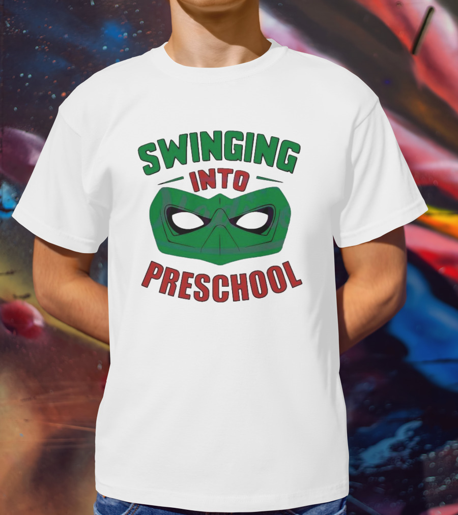 Swinging Into Preschool Green Superhero Mask T-Shirt