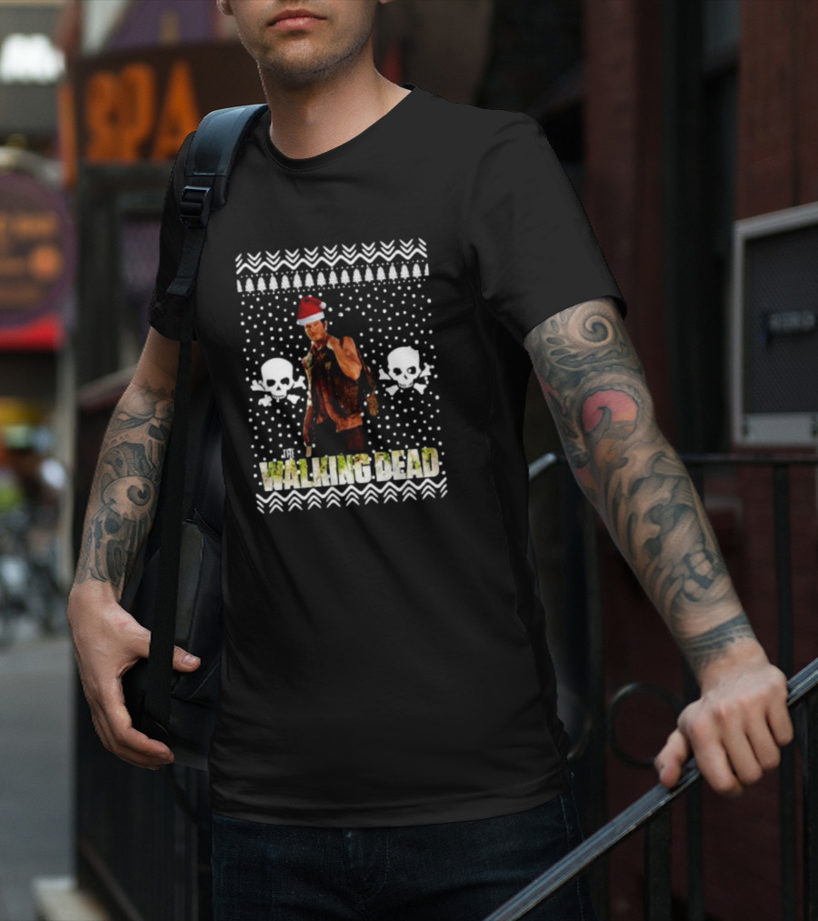 The Walking Dead Daryl Dixon Santa Hat Ugly Christmas Skulls T-Shirt