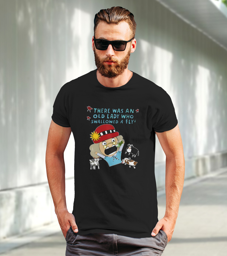 There Was An Old Lady Who Swallowed A Fly Black Funny Cartoon With Animals T-Shirt