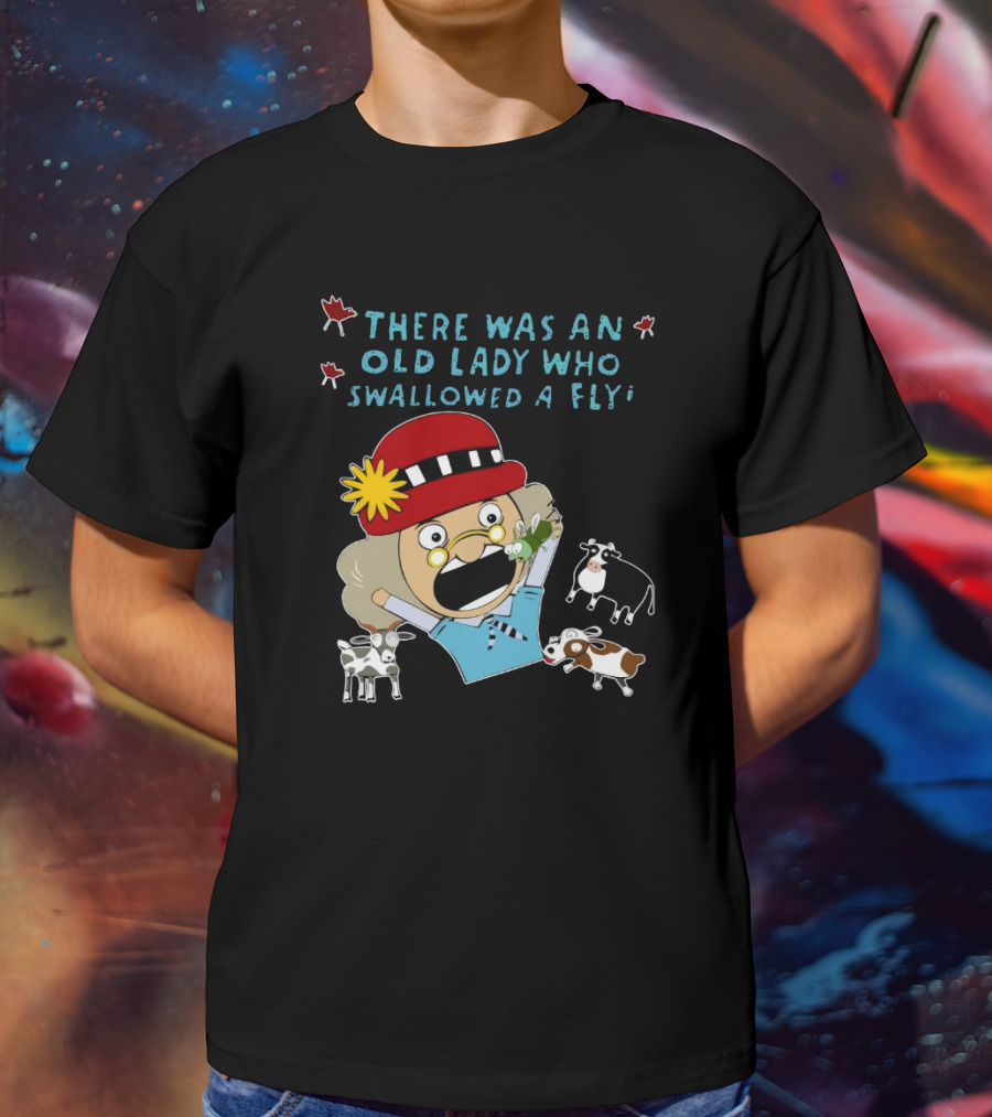 There Was An Old Lady Who Swallowed A Fly Black Funny Cartoon With Animals T-Shirt